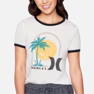 Hurley White Retro Tropical Graphic Cropped Ringer Cotton Tee Size Various
